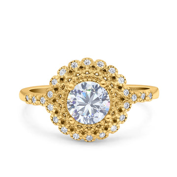 14K Yellow Gold Halo Art Deco Round Bridal Wedding Engagement Ring Simulated CZ Size-7